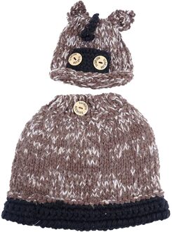 2 stuks Kinderen Cap Sjaal Set Winter Beanie Solid Uil Knit Cap Warm Sjaal Oorbeschermers Hoed czapka ik komin tricotin снуд девочка # D Bruin
