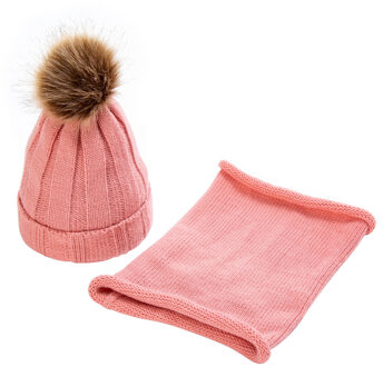 2 stuks Kinderen Cap Sjaal Set Winter Solid Twist Knit Cap Hairball Leuke Warme Sjaal Hoed czapka ik komin tricotin снуд девочка # H roze