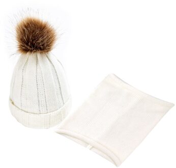2 stuks Kinderen Cap Sjaal Set Winter Solid Twist Knit Cap Hairball Leuke Warme Sjaal Hoed czapka ik komin tricotin снуд девочка # H wit