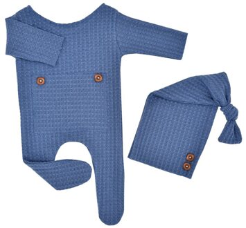 2 Stuks Pasgeboren Baby Fotografie Props Kostuum Effen Kleur Lange-Mouwen Footed Romper + Geknoopt Hoed Kleding Pak Voor baby Meisjes Jongens Blauw