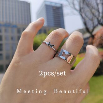 2 Stuks Punk Lover Ring Vlinder Paar Trend Ring Voor Vrouwen Mannen Open Manchet Bague Engagement Wedding Verstelbare Ringen sieraden BJZ001-Y