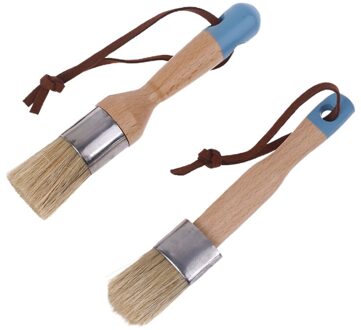 2 Stuks Ronde En Platte Krijt Verf Wax Borstel Ergonomische Houten Handvat Borstel Blauw