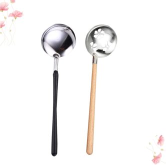 2 Stuks Rvs Soeplepel Scoop Vergiet Koken Pollepel Kookgerei Voor Thuis Restaurant (Houten Handvat Pollepel + Houten handvat Col zoals getoond 1