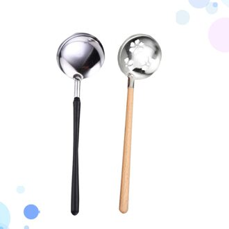 2 Stuks Rvs Soeplepel Scoop Vergiet Koken Pollepel Kookgerei Voor Thuis Restaurant (Houten Handvat Pollepel + Houten handvat Col zoals getoond 1