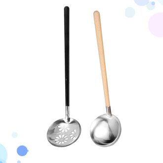 2 Stuks Rvs Soeplepel Scoop Vergiet Koken Pollepel Kookgerei Voor Thuis Restaurant (Houten Handvat Pollepel + Houten handvat Col zoals getoond 2