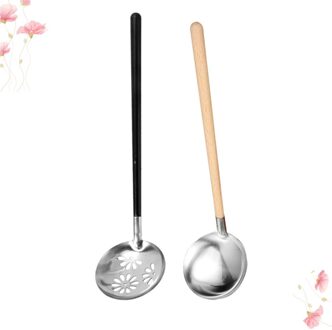2 Stuks Rvs Soeplepel Scoop Vergiet Koken Pollepel Kookgerei Voor Thuis Restaurant (Houten Handvat Pollepel + Houten handvat Col zoals getoond 2