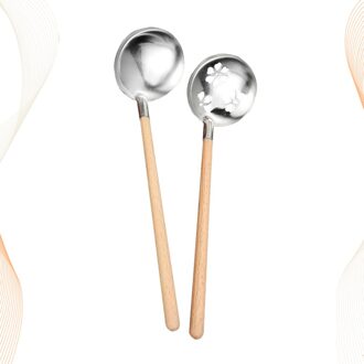 2 Stuks Rvs Soeplepel Scoop Vergiet Koken Pollepel Kookgerei Voor Thuis Restaurant (Houten Handvat Pollepel + Houten handvat Col zoals getoond