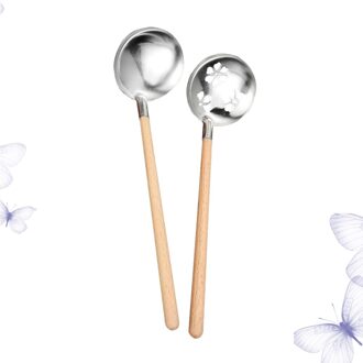 2 Stuks Rvs Soeplepel Scoop Vergiet Koken Pollepel Kookgerei Voor Thuis Restaurant (Houten Handvat Pollepel + Houten handvat Col zoals getoond