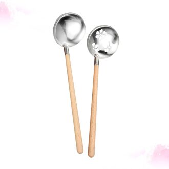 2 Stuks Rvs Soeplepel Scoop Vergiet Koken Pollepel Kookgerei Voor Thuis Restaurant (Houten Handvat Pollepel + Houten handvat Col zoals getoond