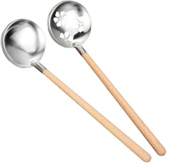 2 Stuks Rvs Soeplepel Scoop Vergiet Koken Pollepel Kookgerei Voor Thuis Restaurant (Houten Handvat Pollepel + Houten handvat Col zoals getoond