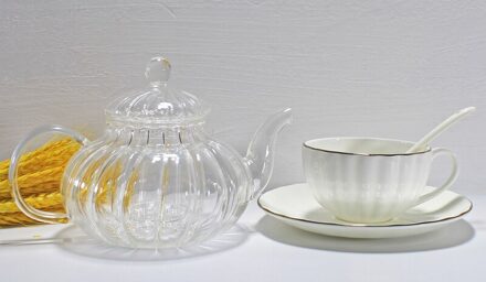 2 stuks set, pompoen glas thee pot en bone china afternoon tea cup met schotel, voor service cafe, porselein thee kopjes set, koffie