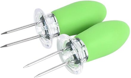 2 Stuks Vork Maïs Spies Rvs Corn Houders Universele Twin Prong Spiesjes Voor Bbq Cob Fruit Vorken Barbecue gereedschap groen
