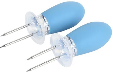 2 Stuks Vork Maïs Spies Rvs Corn Houders Universele Twin Prong Spiesjes Voor Bbq Cob Fruit Vorken Barbecue gereedschap licht blauw