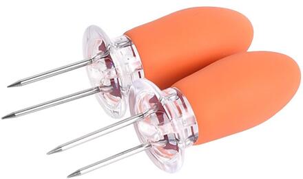 2 Stuks Vork Maïs Spies Rvs Corn Houders Universele Twin Prong Spiesjes Voor Bbq Cob Fruit Vorken Barbecue gereedschap oranje