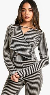 2 Tone Rib Wrap Top Met Sleutelgat En Lange Mouwen, Mocha - 38