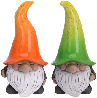 2 Tuinbeelden tuinkabouters gnoom met groene en oranje muts 23 cm - Tuinbeelden Rood
