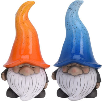 2 Tuinbeelden tuinkabouters gnoom met oranje en blauwe muts 23 cm - Tuinbeelden Rood