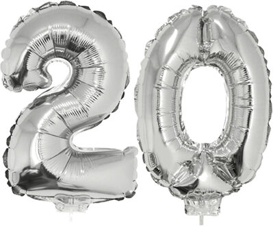 20 jaar leeftijd feestartikelen - versiering cijfers - ballonnen op stokje - van 41 cm - zilver
