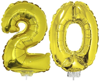 20 jaar leeftijd versiering cijfers - verjaardag - ballonnen op stokje - van 41 cm - goud