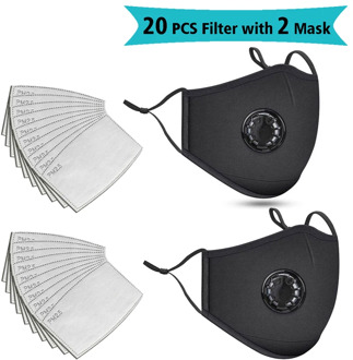 20 PCS Filters Washable Reusable Mask Anti Pollution Mouth Respirator Fashion Dust Masks Cotton Unisex Mouth Muffle Black