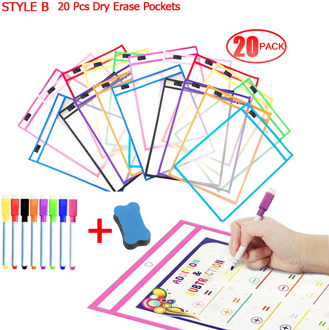 20 PCS Reusable Dry Eraser Pockets With Pen PVC Transparent Write Wipe Drawing Whiteboard Markers Used for Teaching Supplies