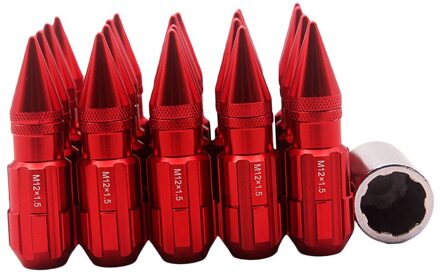 20 Stuks Rode Aluminium Auto Wielmoeren M12x1.5 Met Sleutel Auto-Styling Universal