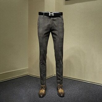 20% wol heren jurk broek bruin plaid slim fit pak broek formele broek voor man bruiloft bruidegom dragen herfst winter dikte 36