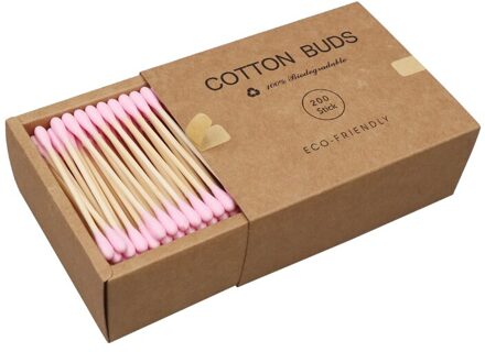 200 Stks/doos Dubbele Hoofd Wattenstaafje Bamboestokken Wattenstaafje Wegwerp Knoppen Katoen Voor Makeup Neus Oren Schoonmaken Roze
