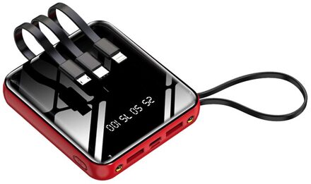 20000Mah Mini Power Bank Spiegel Screen Digitale Display Powerbank Ingebouwde 4 Kabels Externe Batterij Poverbank Voor Xiaomi Iphone rood