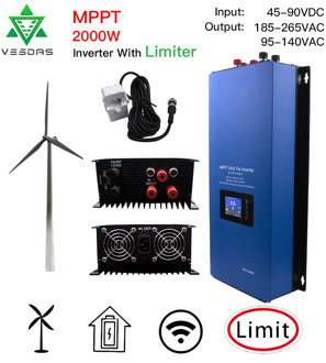 2000W MPPT Wind Power Grid Tie Inverter Pure Sine Wave With Limiter Sensor Dump Load 45-90VAC 230V For wind turbine Generator