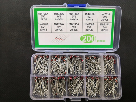 200pcs Zener Diode kit 1W 3.3V/3.6V/3.9V/4.3/4.7/5.1/5.6/6.8/7.5V 1N/4728A 4729A 4730A 4731A 4732A 4733A 4734A 4735A 4736A 4737A