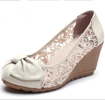 2017 New Fashion High heels Women Pumps Genuine Leather Lace Ivory Ladies Wedge Shoes Sandal