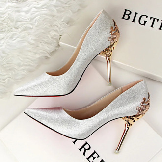 2018 Spring Women Shoes Pointed Toe Pumps Dress Shoes 10CM thin High Heels Boat Shoes Flock Frosted metal Hollow Wedding Shoes