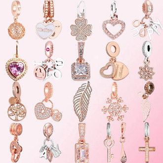2019 100% 925 Sterling Silver Classic Feather Tree of Life Cross Heart-shaped Key Snowflake Clover DIY Rose Gold Pendant