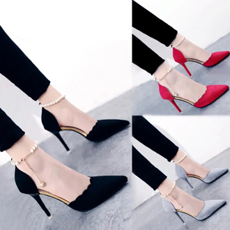 2019 Autumn New Korean Elegant String Bead High Heels Black Sexy Thin Heels Single Shoes Temperament Dress Party Womens Shoes