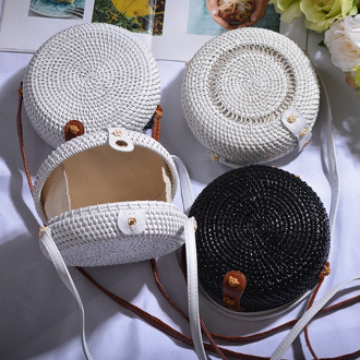 2019 Black White Round Straw Bags Women Summer Rattan Bag Handmade Woven Beach Cross Body Bag Circle Bohemia Handbag Bali Box