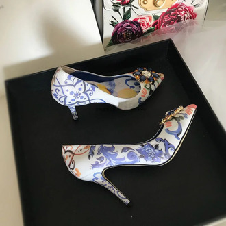 2019 Blue Floral Printing Rhinestone Embellished Beading Pumps Formal Dress Shoes Women