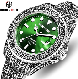 2019 GOLDENHOUR Luxury Men's Watch Sport Business Men Quartz Clock Waterproof Calendar Steel Strap Wrist Watch Relogio Masculino