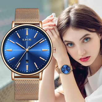2019 LIGE New Rose Gold Blue Table Womens Business Quartz Watch Ladies Brand Top Luxury Ladies Watch Girl Clock Relogio Feminino