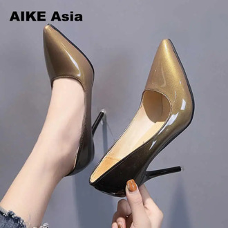 2019 Shadow Women Shoes Pointed Toe Pumps Patent Leather Dress Wine Red 10CM High Heels Boat Shoes Wedding Shoes Zapatos Mujer