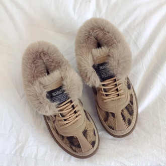 2019 Winter Leopard Shoes Women Vulcanized Shoes Fashion Warm Fur Flats Female Sneakers Hot Lace Up Casual Platform Shoes Girls