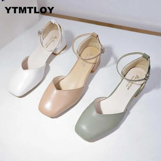 2019 Zapatos Mujer Women Pumps Ankle Strap Thick Hoof Heel Shoes Square Toe Mid Heels Dress Work Comfortable Ladies 5cm Green