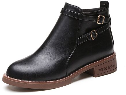 2019New Arrivals Europese Stijl Zwarte Enkellaarsjes Flats Ronde Neus Terug Zip Laarzen Pu Leer Vrouw Schoenen 6