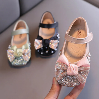 2020 Autumn Girls Shoes Glitter Mary Janes Pearl Princess Shoes Kids Butterfly Leather Shoes Children Flats Non-slip Toddlers