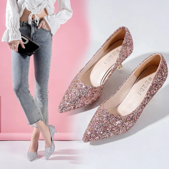 2020 Autumn New Fashion Sequins High Heels Korean Version of The Wild Pointed Shallow Mouth Banquet Wedding Shoes plus size 43