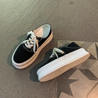 2020 Autumn Women Canvas Shoes Platform Chunky Sneakers Round Toe Designers Fashion White Casual Shoes Woman Ladies Black Flats