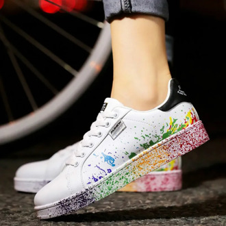 2020 Autumn Women Flat Sneakers Lace-up Colorful Graffiti Platform Female PU Flats Fashion Ladies Walking Vulcanized Shoes New