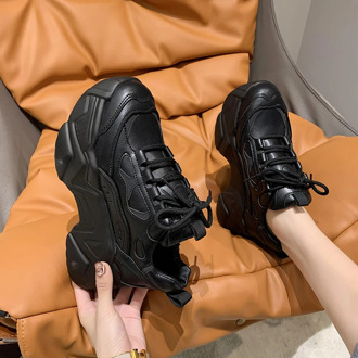 2020 Autumn Women Platform Sneakers Thick Sole Dad Shoes Leather Casual Shoes Woman Chunky Vulcanized Shoes Tenis Female Black