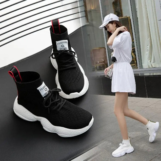 2020 Breathable Knitted Chunky Sneakers Women 2020 New Spring Solid Wedge Sock Shoes Woman Thick Bottom High Top Shoes Female