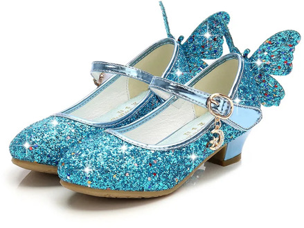 2020 Children's Shoes Baby Performance Crystal Shoes Blue Bowknot Girls Sequins High Heels Princess Shoes Non-slip Size 26-38